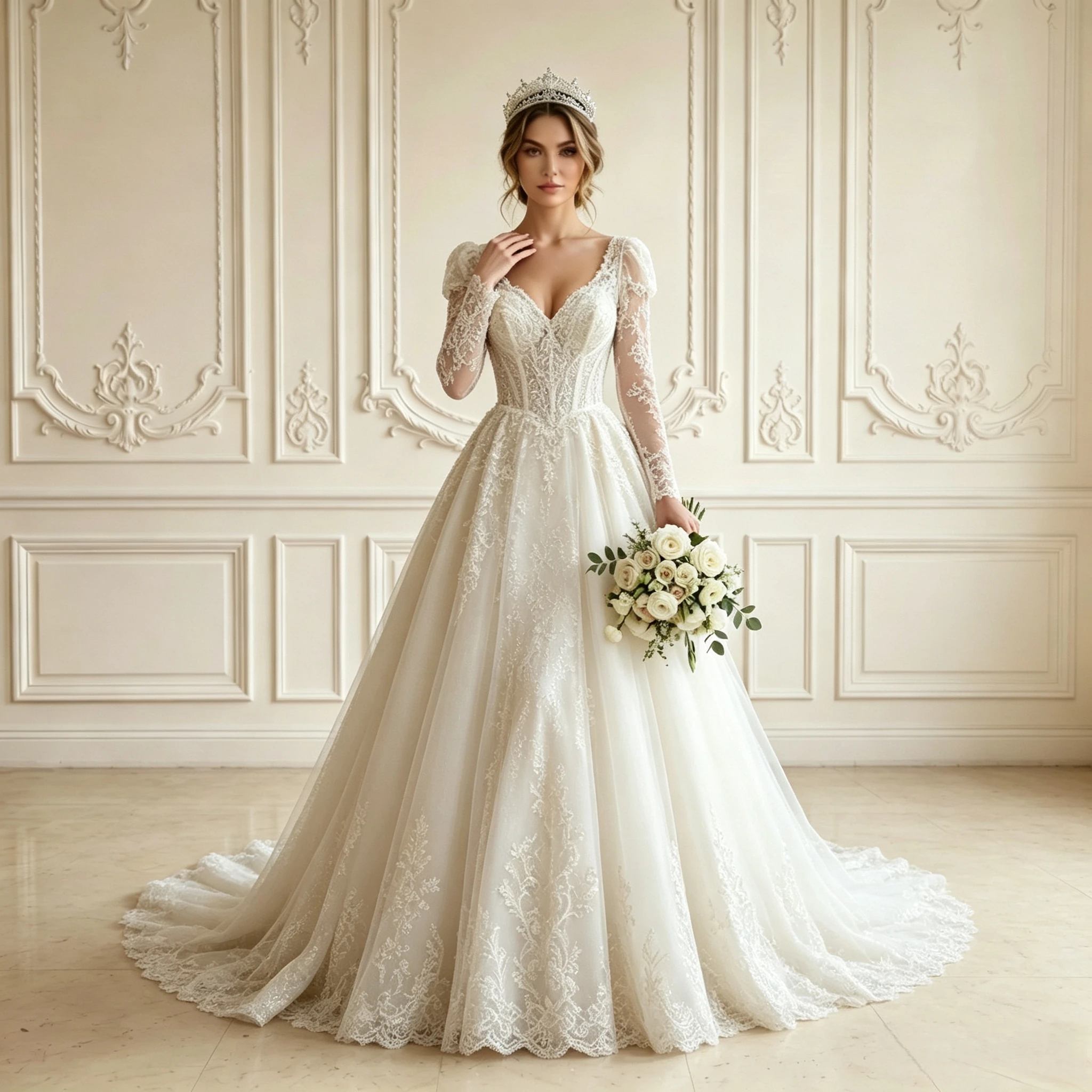 

Puff Long Sleeve Deep V Ball Gown Wedding Dress Floral Lace Tulle Zipper Back Scalloped Lace Chapel Train Romantic Bridal Gown