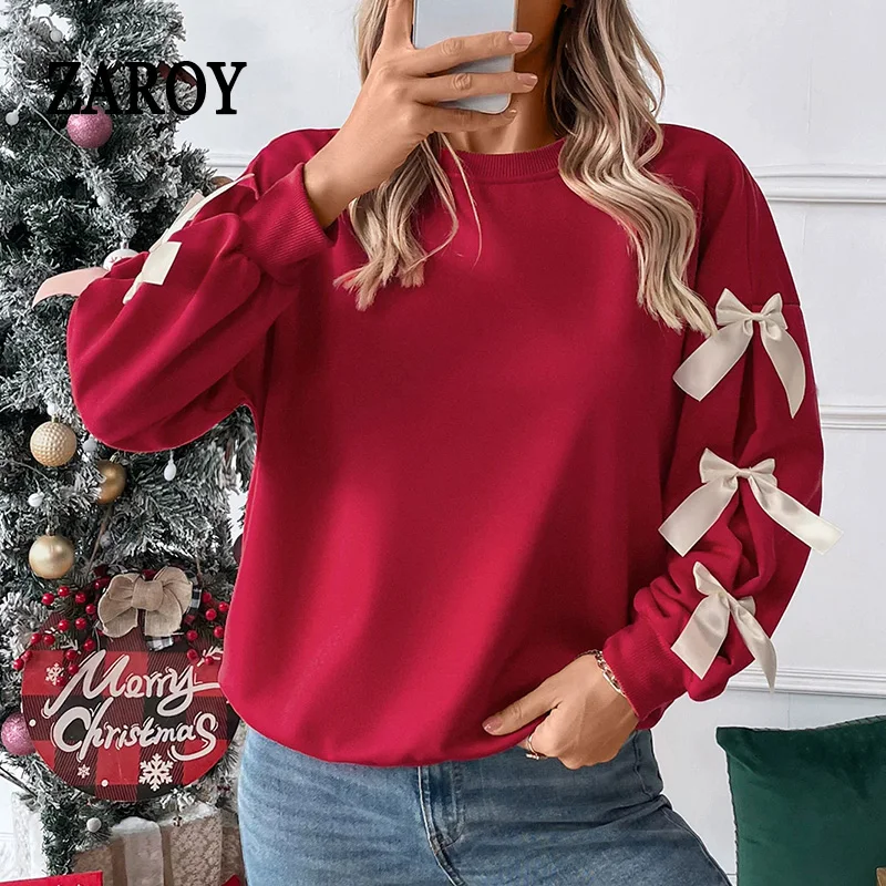 

ZAROY Women Long Sleeve Sweatshirt Autumn Long Sleeve O Neck Sweet Bow Decorate Pullover Casual Festival Tops Sudaderas свит