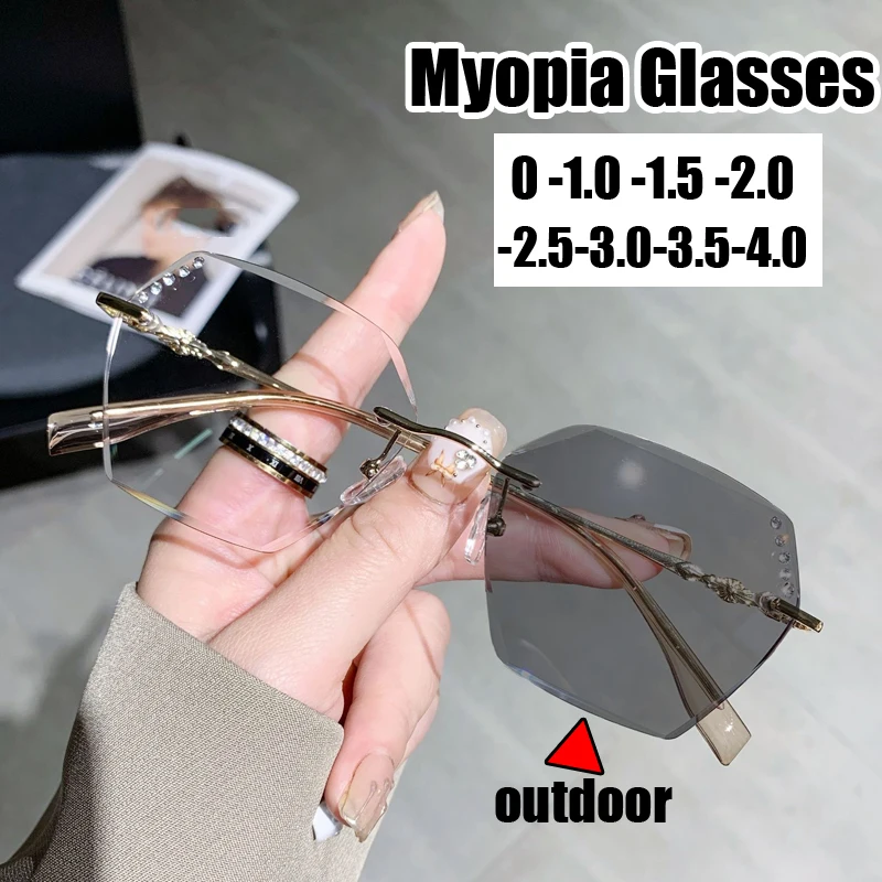 

New Trendy Rimless Photochromic Nearsighted Glasses 2 in 1 Outdoor Color Changing Sunglasses Sports Anti Blue Light Eyeglasses