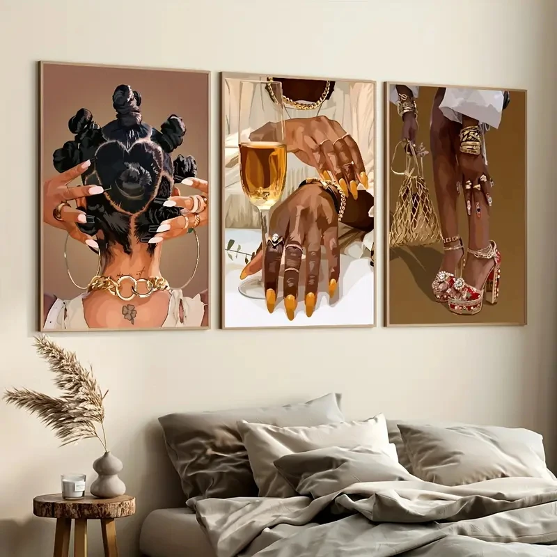 

3pcs/Set Fashionable Black Lady Canvas Art Abstract Black Girl Wall Poster Modern Art Decoration, Classic Interior Decoration