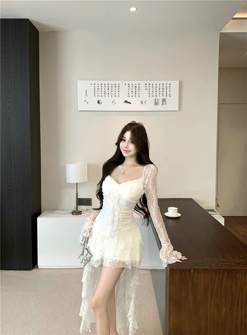 고스 패션 Fairycore 레이스 플레어 슬리브 v 넥 a 라인 드레스 Sweet E-girl 불규칙한 롱 밑단 드레스 Cyber ​​Y2K Party Vestido