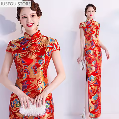 Chinese New Year Women Clothes Long Dress Red Cheongsams Qipao Wedding Dress Pluss Size Woman Evening Silk Satin Dragon Phoenix