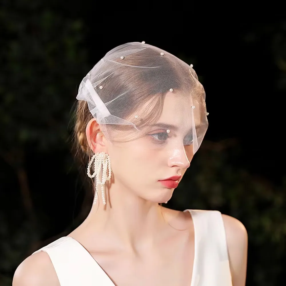 Witte Bruidshoofddeksels Feestdecoratie Accessoires Bruiloft Hoofdtooi Tule Strik Met Parels Cadeau Mesh Strik Haarspeldjes