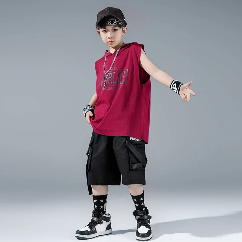 Abito da spettacolo di danza di strada per ragazzi Hip Hop Top oversize Pantaloncini neri Moda senza maniche Felpa con cappuccio Jazz Line Dance Costume 3633