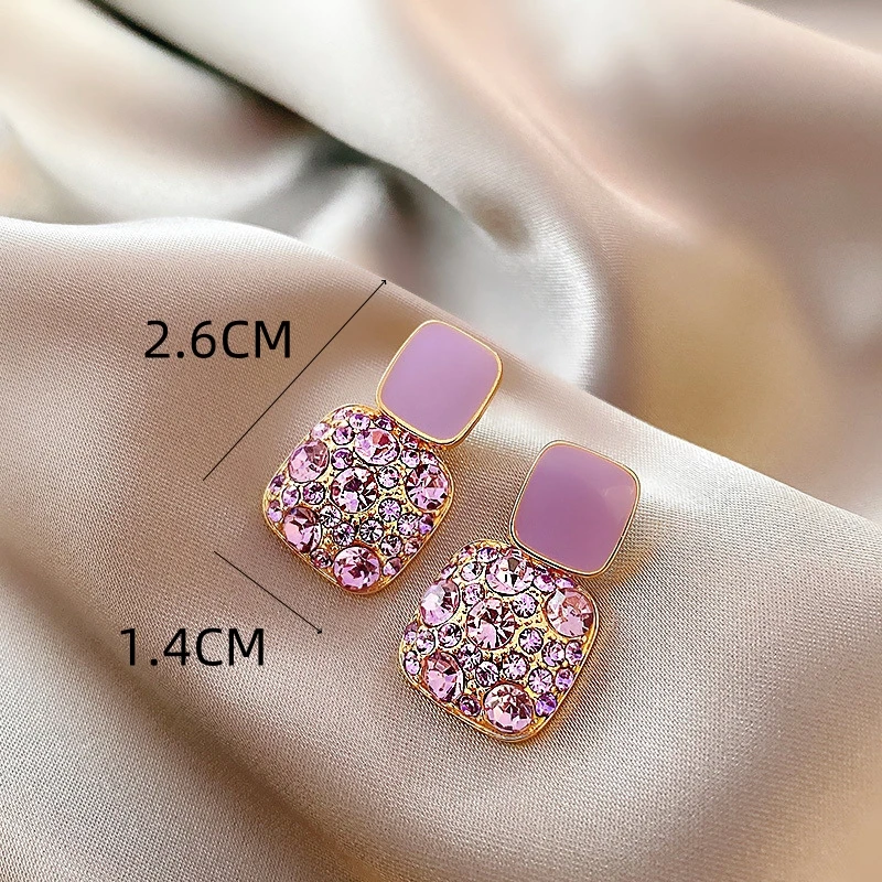 New Purple Color Zircon Crystal Enamel Double Square Drop Earrings for Women Korean Style Jewelry Trend Creative Accessories