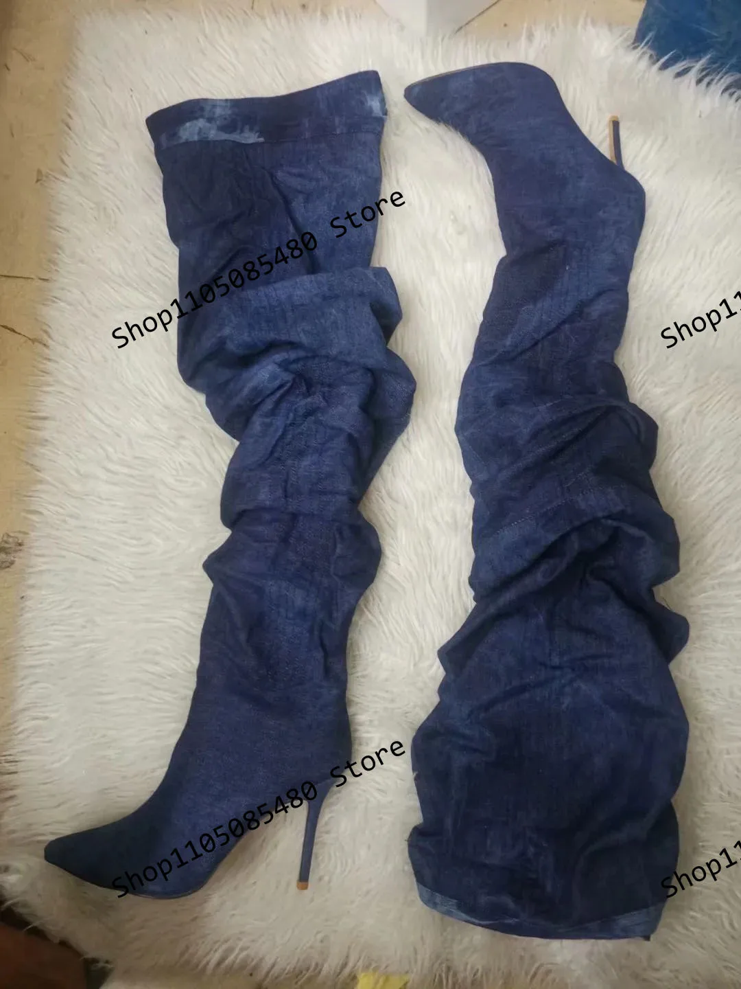 

2025 Women Wash Blue Denim Pleated Women Thigh High Boots Pointed Toe Zipper Jeans Thin Heels Winter Tall Boots Fashion Footwear