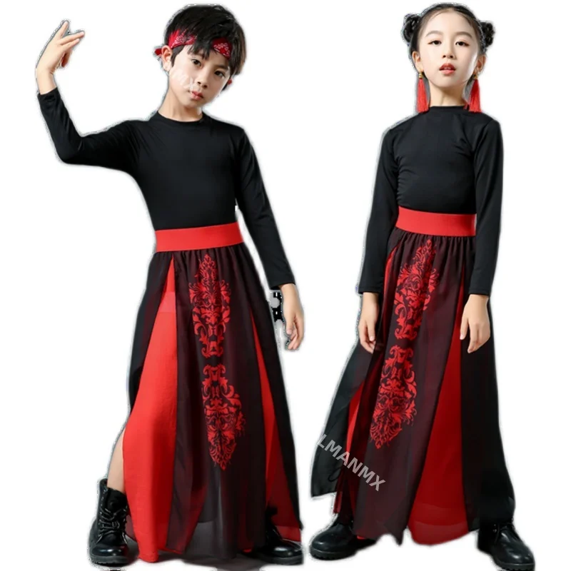 Children Chinese Style Jazz Dance Costume Red Black Hip-Hop Dance Wear Group Performance Stage Costumes Festival Outfits