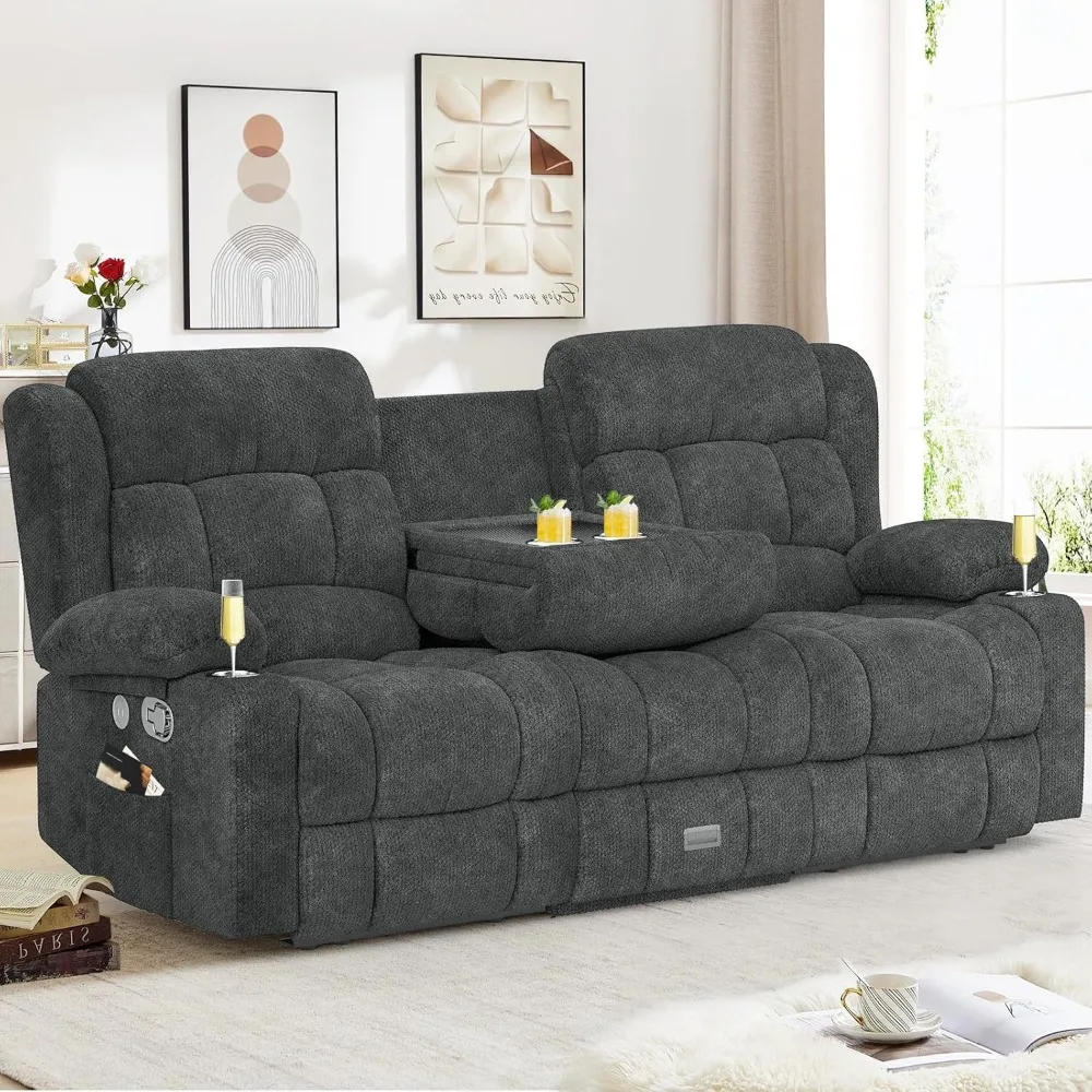 Chaise longue sofa, flip center design 3 seater chaise longue sofa with storage drawers, USB port, cup holder, manual sofa