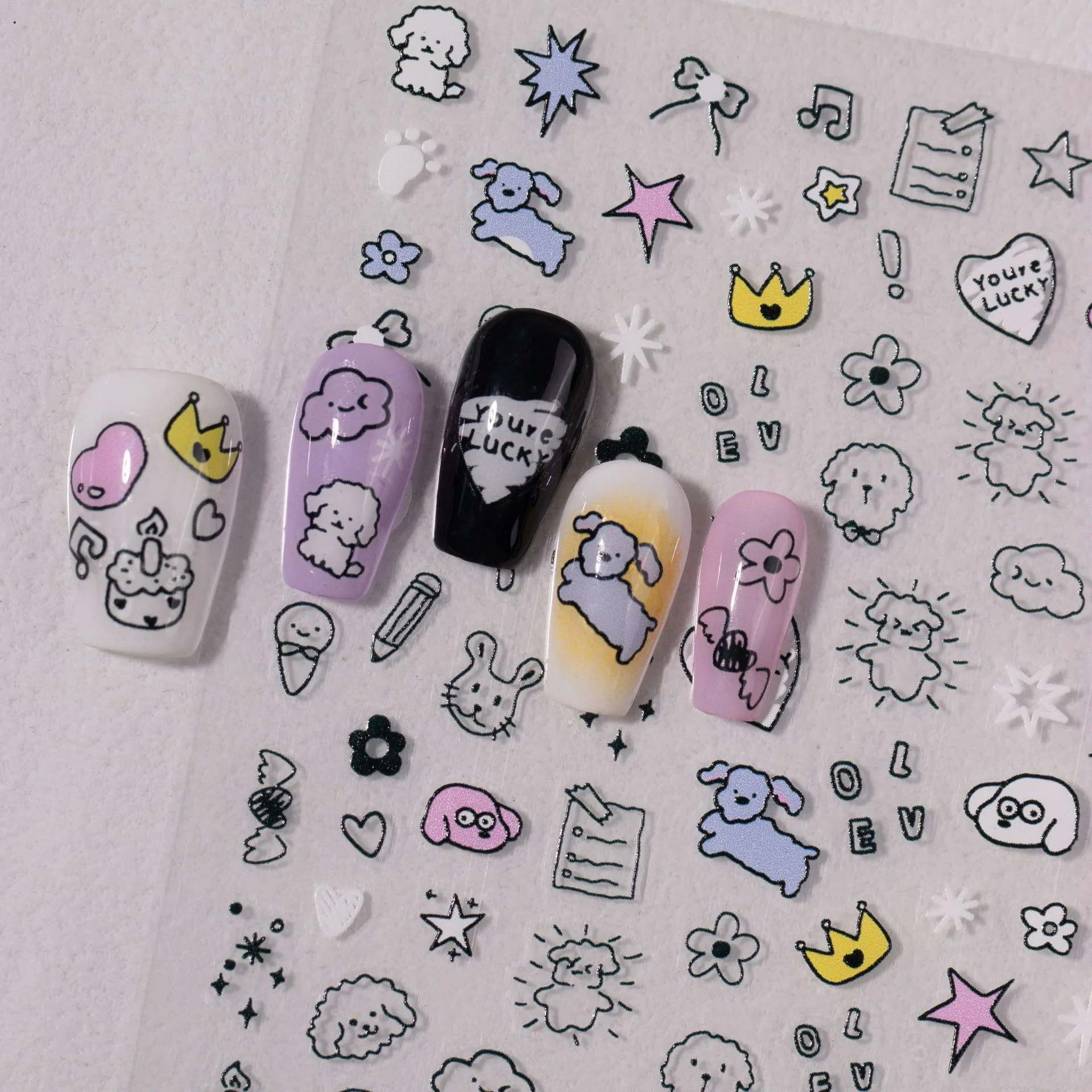 

1Pc/Wholesale 3D Cartoon Animal Nail Stickers Cute Hand-Drawn Dogs, Hearts & Clouds with Multicolor Accents for DIY Nail Art