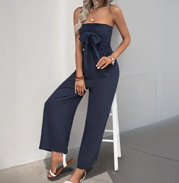

Women's Jumpsuit Summer Slim Fit Solid Color Fresh and Sweet Vacation Style Lace Up Strapless Jumpsuit Suitable for The Beach