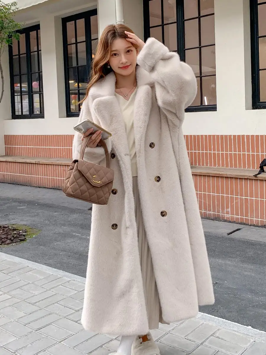 Long Length Mink Fur Coat Warm Plu Furry Outerwear Women's Double Breasted Suit Collar Fur Jaet Luxury Animal Skin Leather