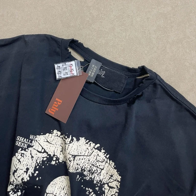 Paly No. 11 Skeleton Print Distressed Vintage T-Shirt- Summer Hip-Hop Casual Tops