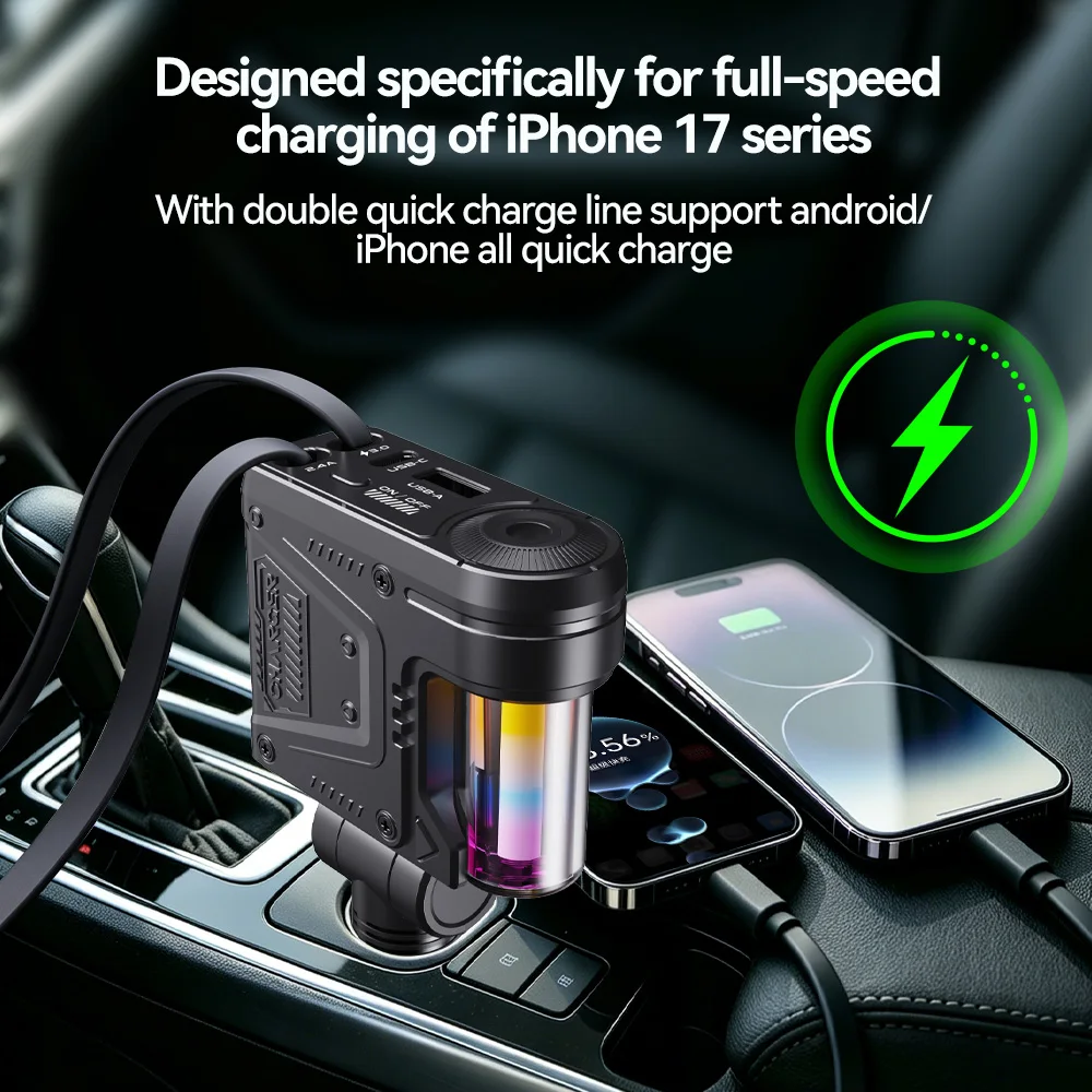 5 in 1 Car Charger with 66W Super Fast Charging Retractable Type‑C Lightning Cable Car Cigarette Lighter Adapter Auto for phone（ view 3