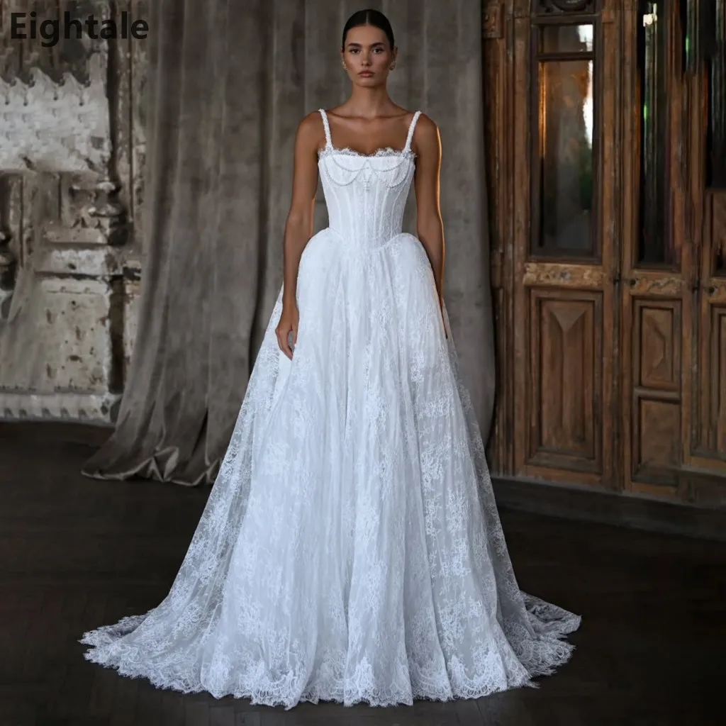 

Свадебное платье Eightale 2026 класса люкс, цвета слоновой кости, с кружевом, на тонких бретелях, со шлейфом, на заказ