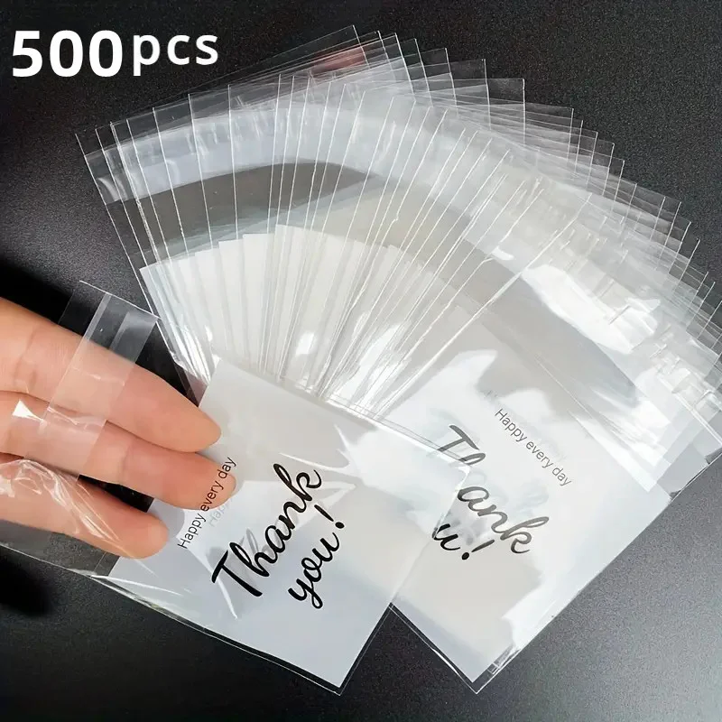 500 sacs cadeaux avec l'inscription « merci » imprimée, sacs cadeaux autocollants, petits sacs, sacs à bijoux transparents en OPP