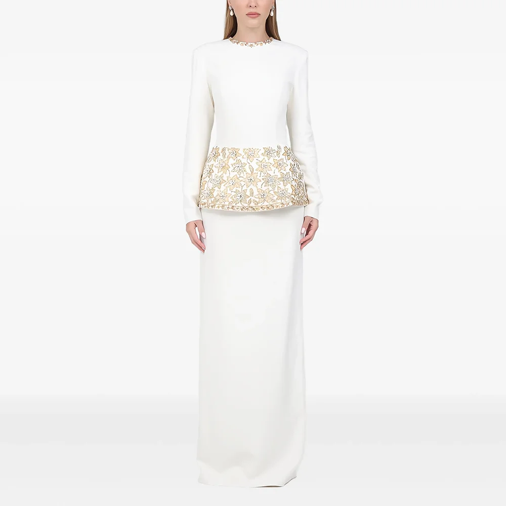 Customized O-Neck Long Evening Dresses Elegant Formal Occasion Prom Gowns Crystal Long Sleeves Floor Length Prom Dresses