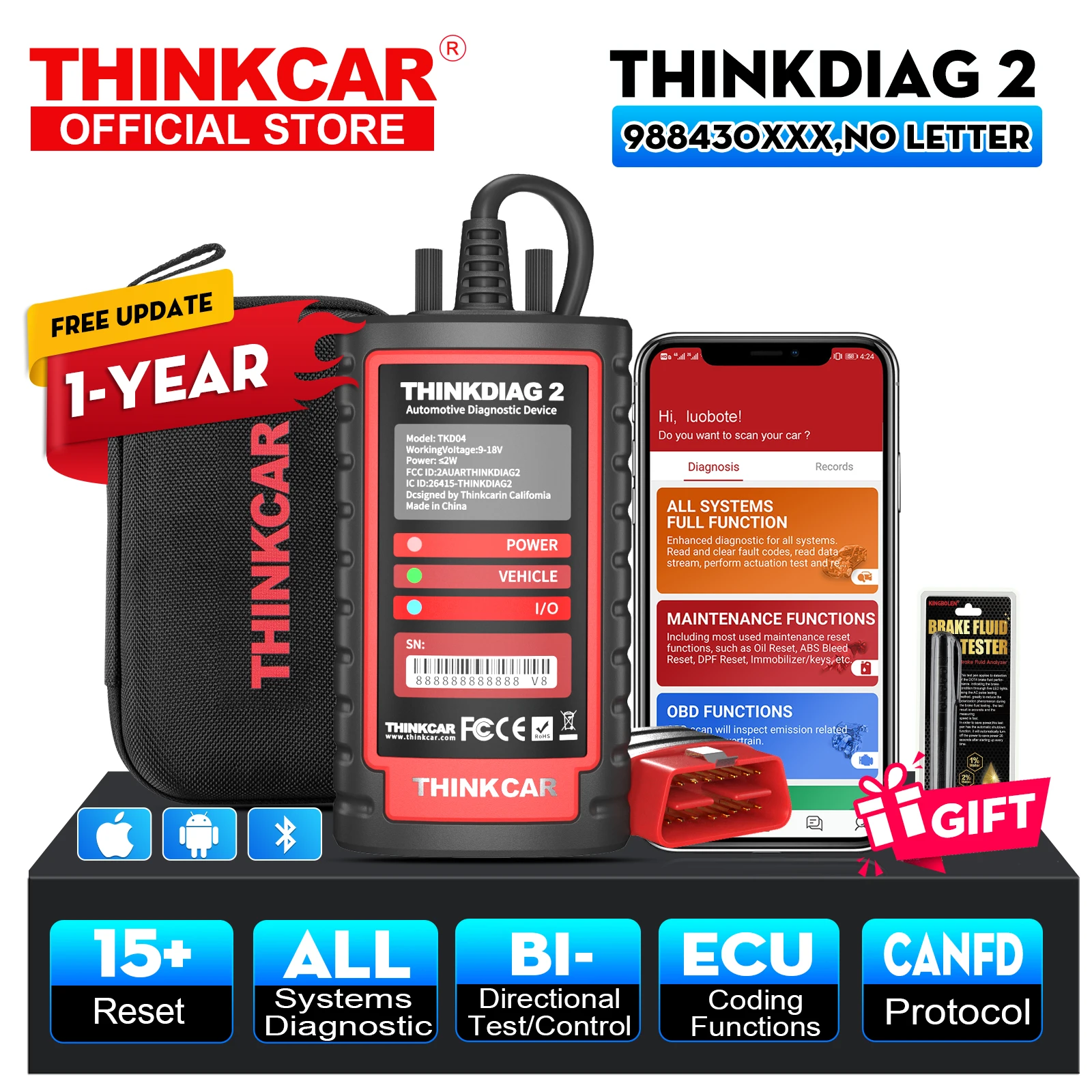 THINKCAR ThinkDiag 2 Full system Canfd protocol 15 Reset Service 1 Year Free OBD2 Diagnostic Tool Active Test ECU Coding