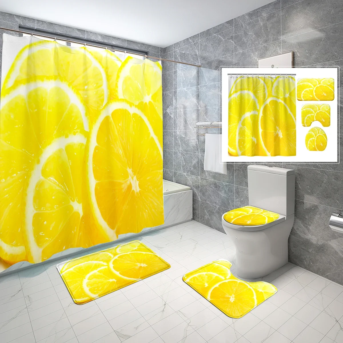 4 Pcs Lemons Shower Curtain Sets with Toilet Lid Cover and Bath Mat Yellow Fruit Lime Juice Plant Bath Curtain Bathroom Sets