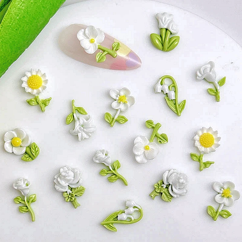 30PCS 3D Acrylic White Flower Branches Bouquets Nail Charms Accessories Parts Manicure Nail Decoration Supplies Design Materials