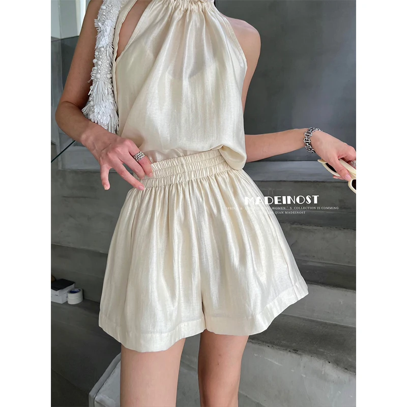 

Summer Simplicity Office Lady Solid Color Wide Leg Women Fashion Elastic Waist Appear Thin Straight Trend All-match Casual Short