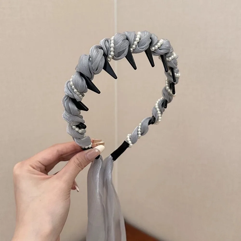 U Shape Satin Fabric Hair Bands Tooth Comb Adjustable Non Slip Pearl Hair Band High Top Headpiece Bow Braided Headbands