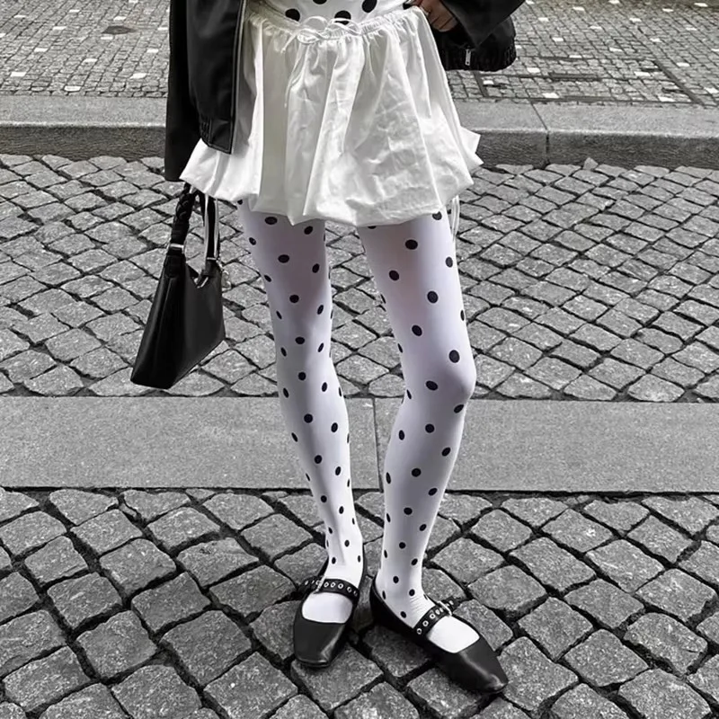 Kave Vintage Black Polka Dot White Pantyhose Women's Sheer Tights Y2k Girls Sexy Crash Tights Slimming Leggings Elastic Stocking