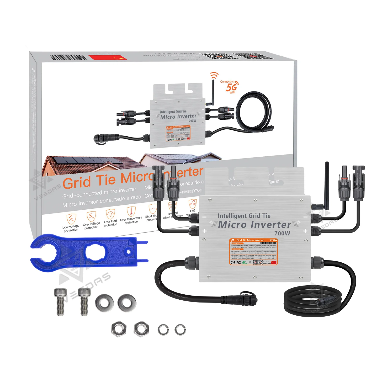 Konverter Inverter mikro pintar Grid Tie Solar portabel 700W MPPT 18V-50VDC ke 80V-280VAC untuk 300-350W PV, pengiriman dari EU Brasil AS