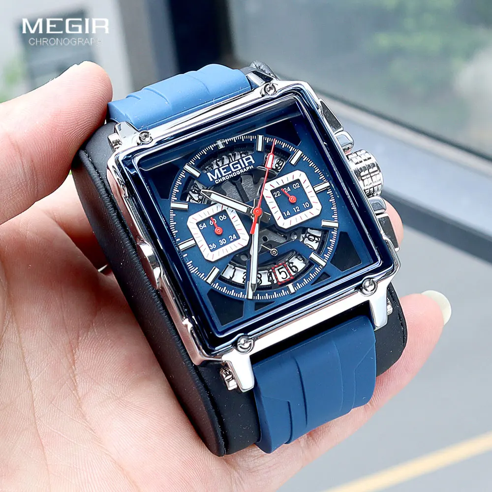 MEGIR Square Dial Sport Quartz Watch Men Fashion Waterproof Luminous Wristwatch with Chronograph Date Blue Silicone Strap 2233