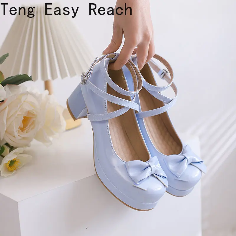 

Glossy Patent Leather Lolita Shoes Women Black Blue Beige Bride Wedding Party Strappy Platform Mary Janes Pumps Ankle Strap Heel