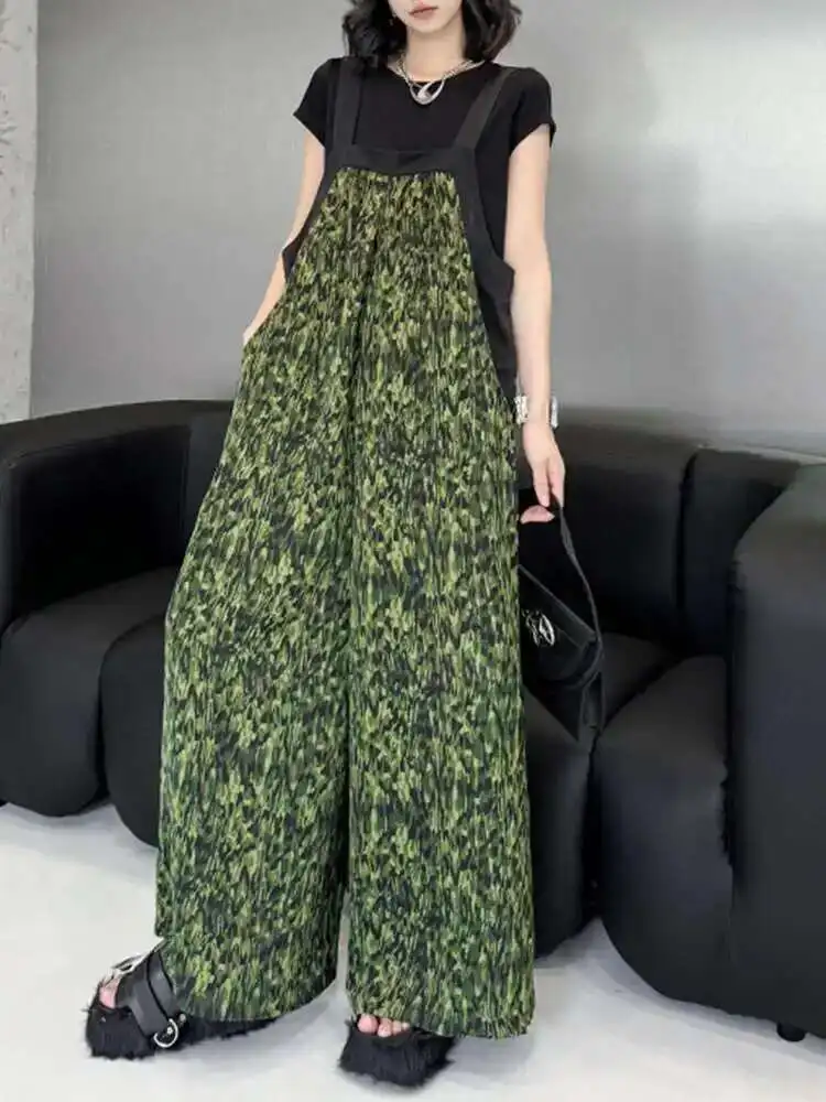 

High Waist Green Pattern Printed Big Size Long Overalls Pants New Trousers Women Fashion Tide Spring Autumn