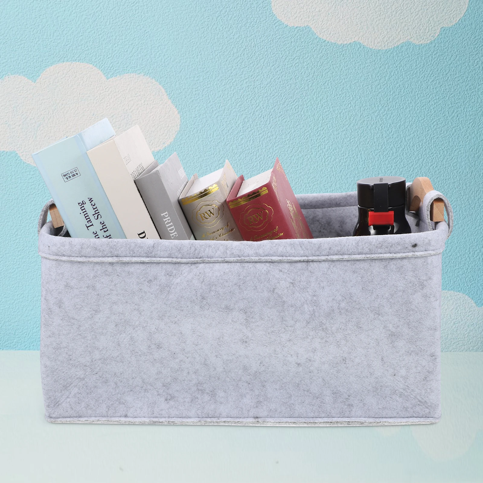 

1pc Felt Storage Basket With Wood Handle Home Organizer For Books Magazines Living Room Bathroom Closet Car Modern Design