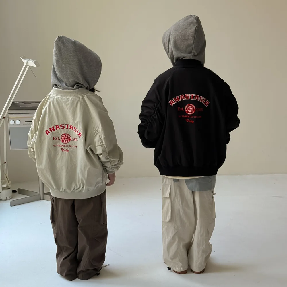 Autumn Kids Jacket Boys Girls Korean Style Letter Print Hoodie Long Sleeve Baseball Coat Unisex Toddler Fake Two-Piece Jacket