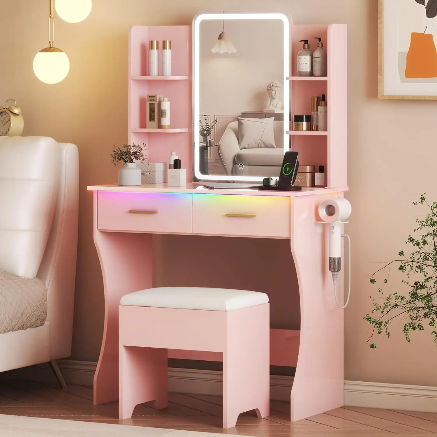Pink Vanity Desk Led Lights Mirror Power Outlet Small Makeup Table Set Storage Drawers Chair 3 Lighting Modes Adjustable Brightn
