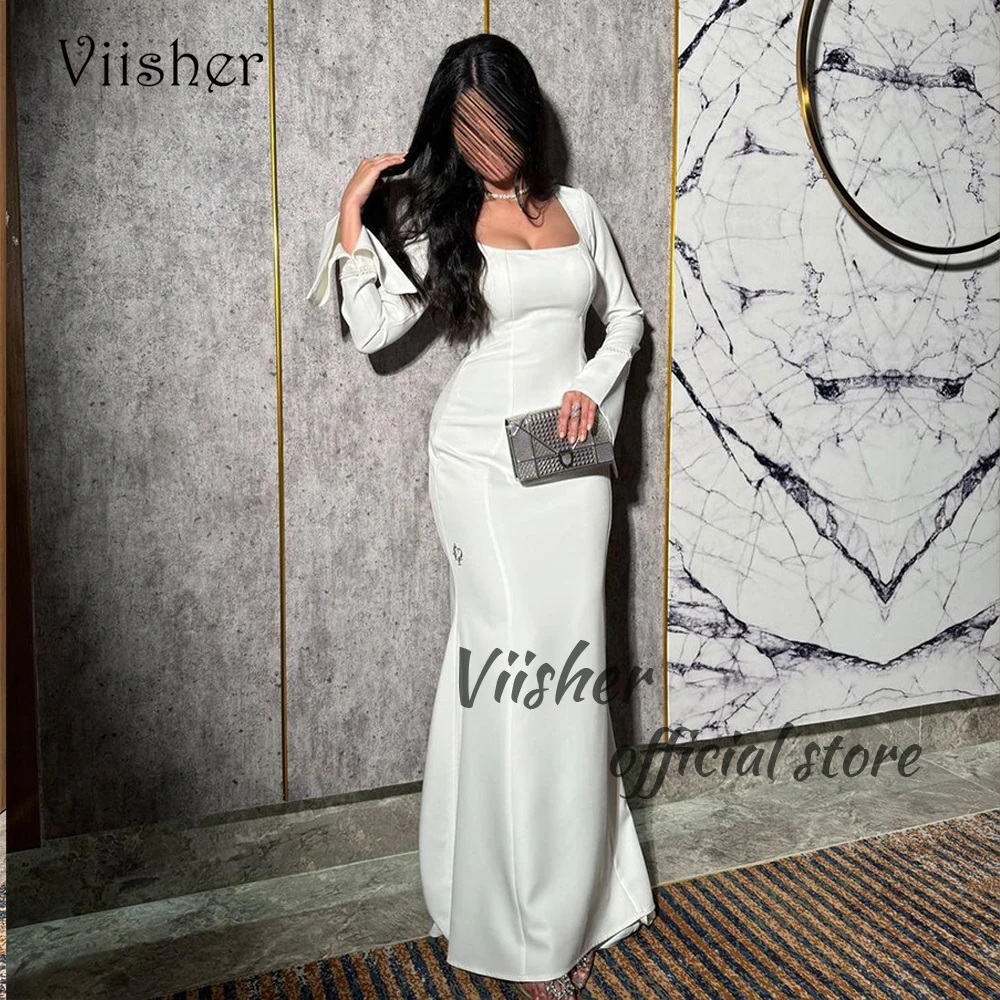 

Viisher White Mermaid Wedding Party Dresses Long Sleeve Square Neck Prom Dress with Train Arabian Dubai Formal Occasion Gowns