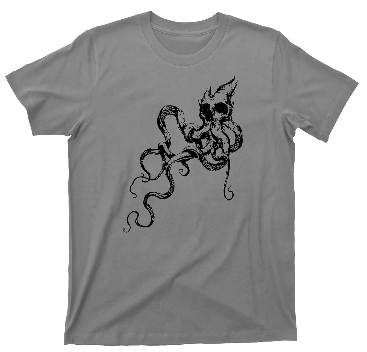 Kraken Skull T Shirt Giant Octopus Squid Shark Attack Tee (L, Gravel)