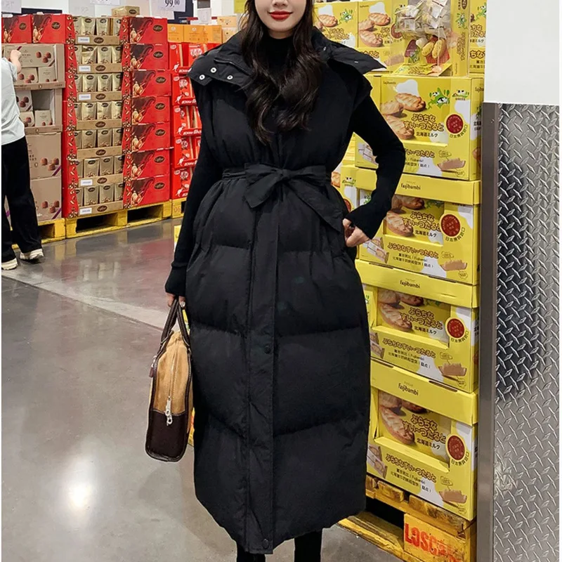 Autumn Winter Women Vest Parkas Coats Long Maxi Coat Sleeveless Stand Collar Thick Warm Jackets Lace Up Tight Waist Elegant Y2k