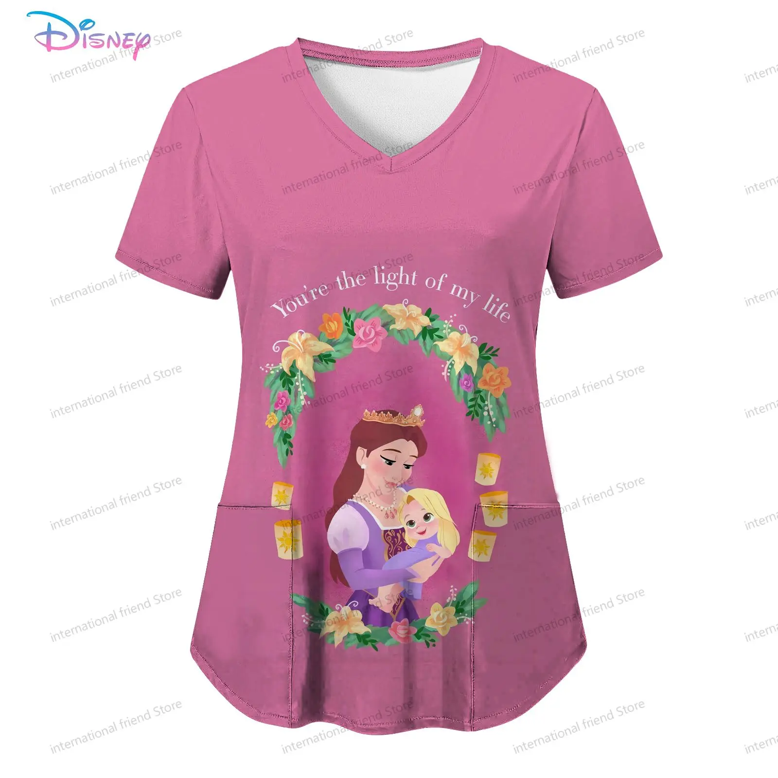 Pocket Disney Princess Women's V Neck Nurse Uniform T-Shirt Cheap Top Y2k Tops Woman 2024 Summer S-2XL Kawaii New Dress Clothing