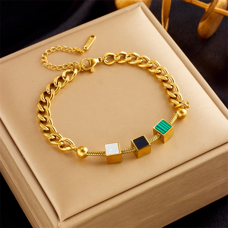 316L Stainless Steel New Fashion Fine Jewelry Bohemian 3 Colors Embed Natural Shell Cube Charm Thick Chain Bracelets For Women