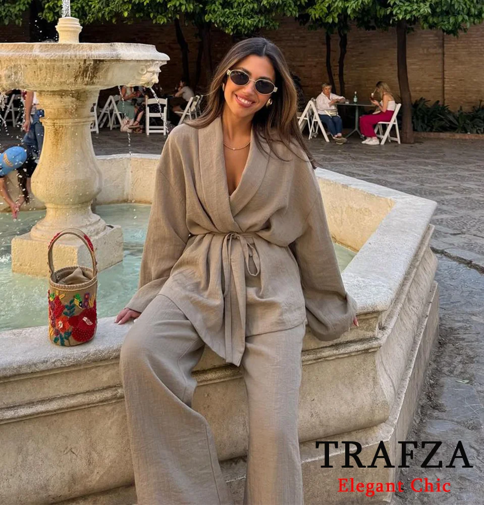 TRAFZA Casual Solid 2 Piece Women Set Fashion 2024 Summer Texture Long Sleeve Kimono-Style Outerwear+Pajama Pants NightWear Suit