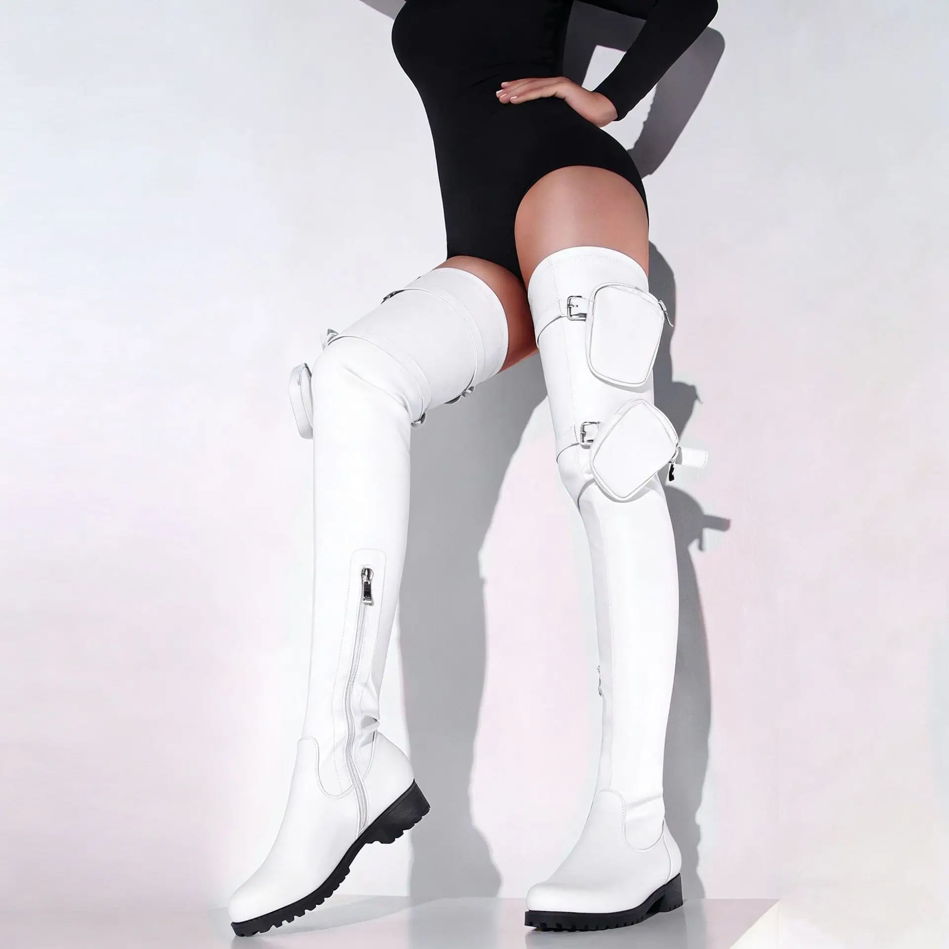 Women Faux Leather Thigh High Boots Multi Pocket Cargo Over The Knee Boots Side Zipper Flat Chunky Sole Tactical Boots