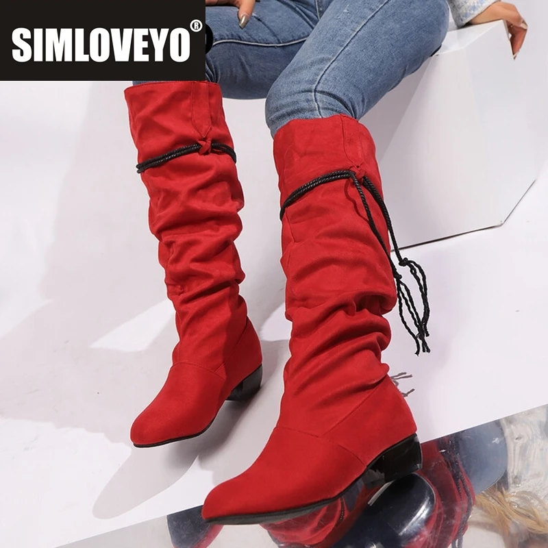 

SIMLOVEYO 2024 Новые женские сапоги до колена на квадратном каблуке 3 см, плиссированные круглые носки, черный, красный, абрикосовый, повседневный, большой размер 44 45 46 47