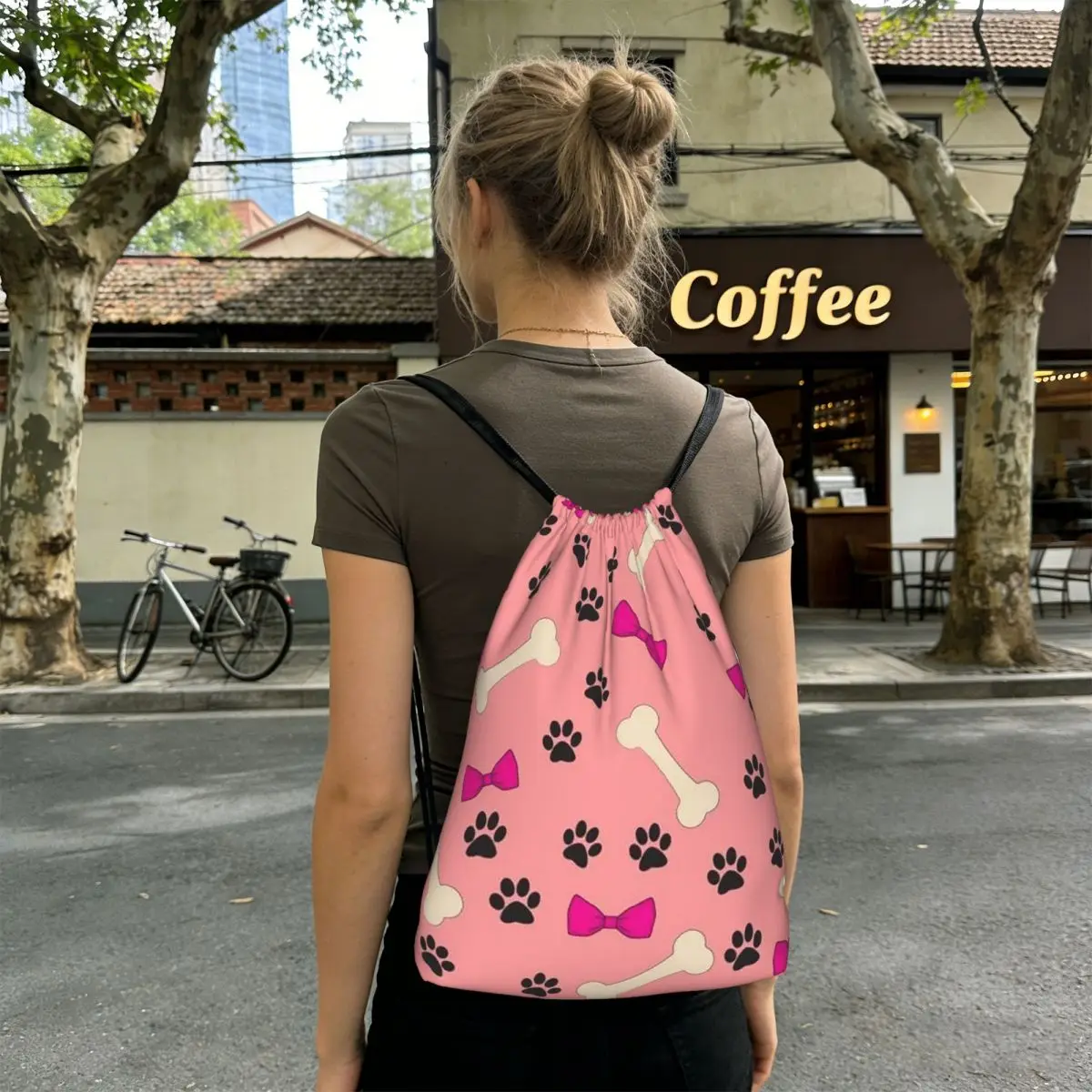 Paw And Bones On Pink Background Pattern Backpacks Fashion Drawstring Bags Sports Bag Book Bags for Man Woman Students