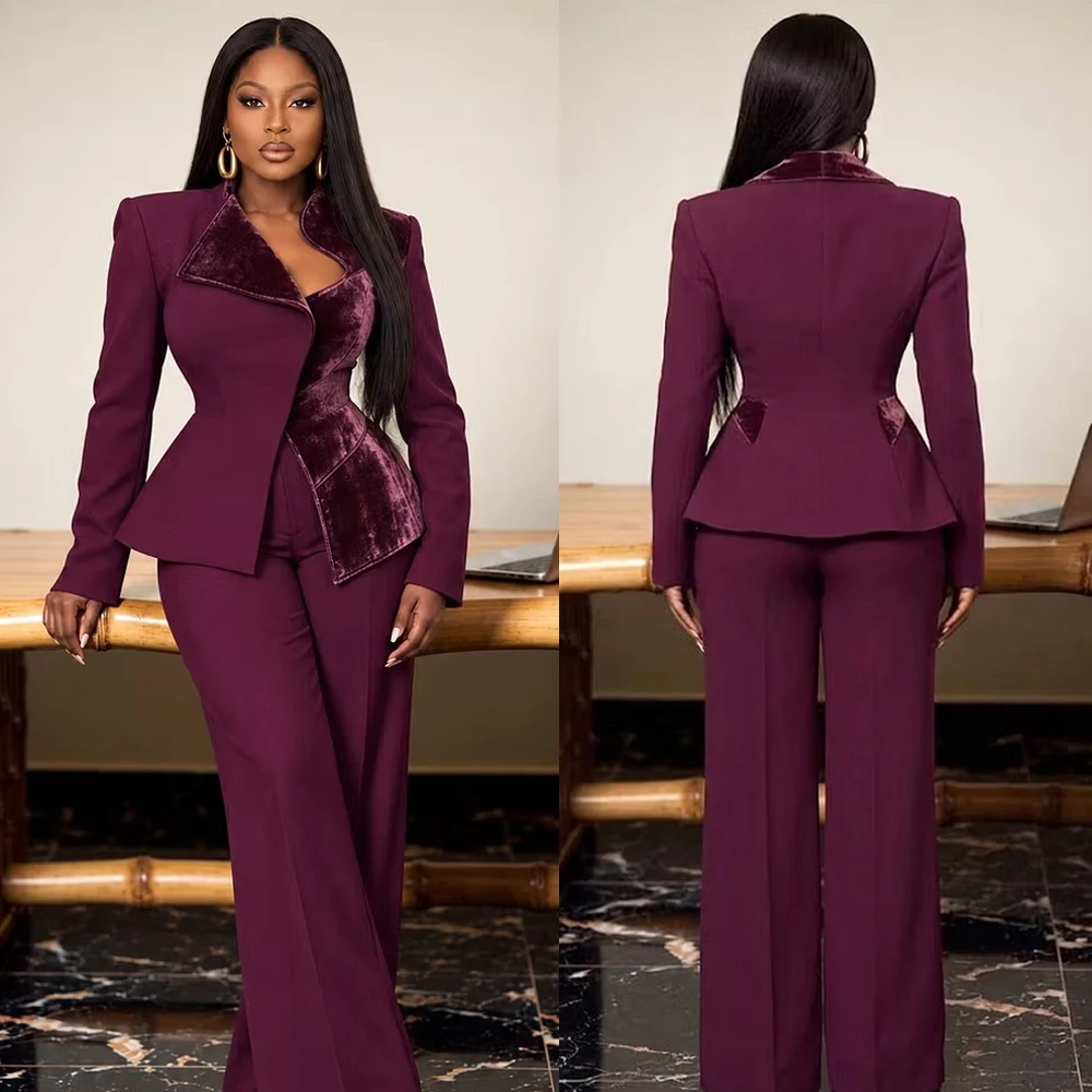 Elegant Women's Suit 2 Pieces Velvet Splicing Blazer Pant Ladies Formal Business Evening Gala Wear Customized Outfit Plus Size
