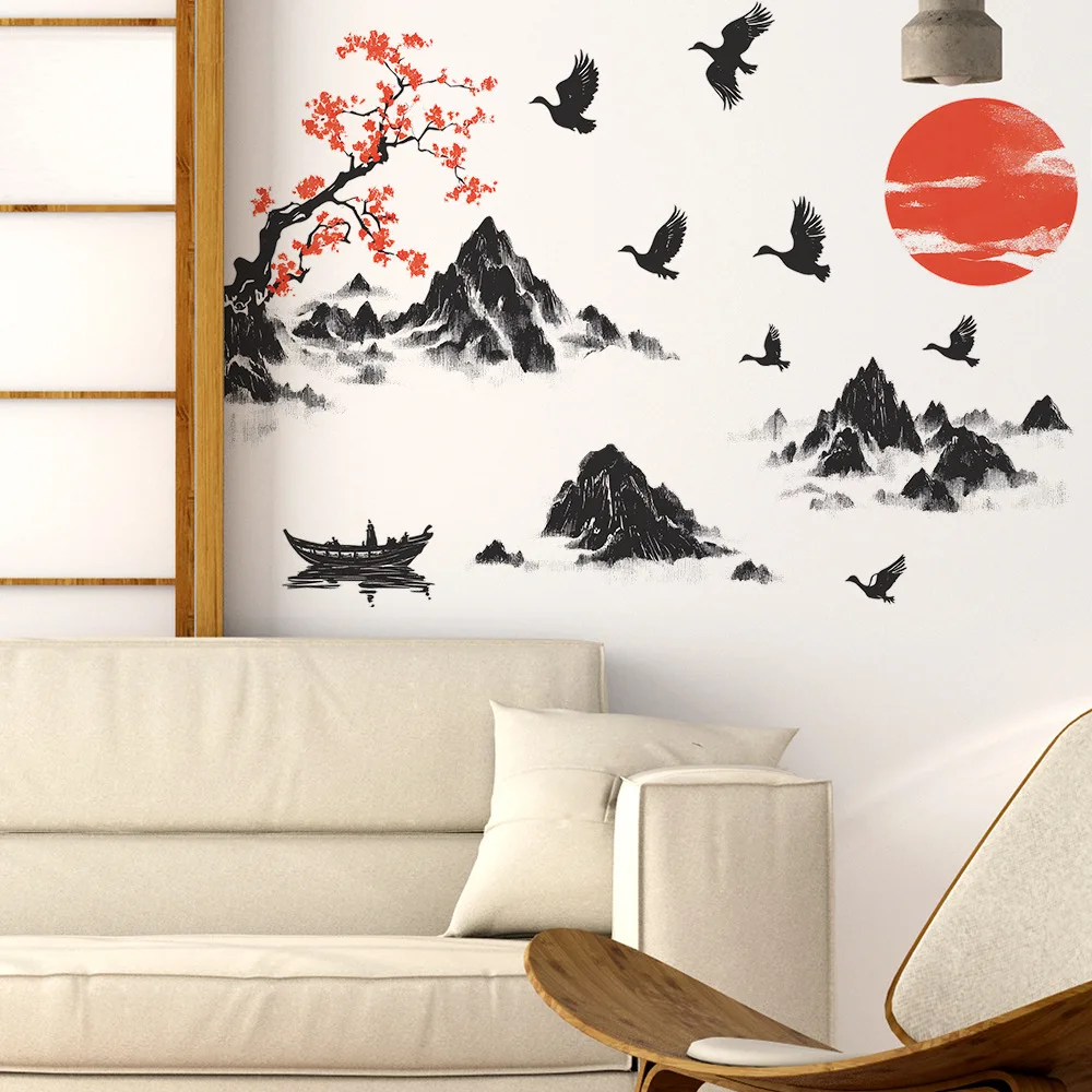 Gaya Cina Lukisan Pemandangan Stiker Dinding Ruang Tamu Sofa Latar Belakang Dekorasi Lukisan Dinding Kamar Tidur Dekorasi Rumah Stiker Yang Dapat Dilepas