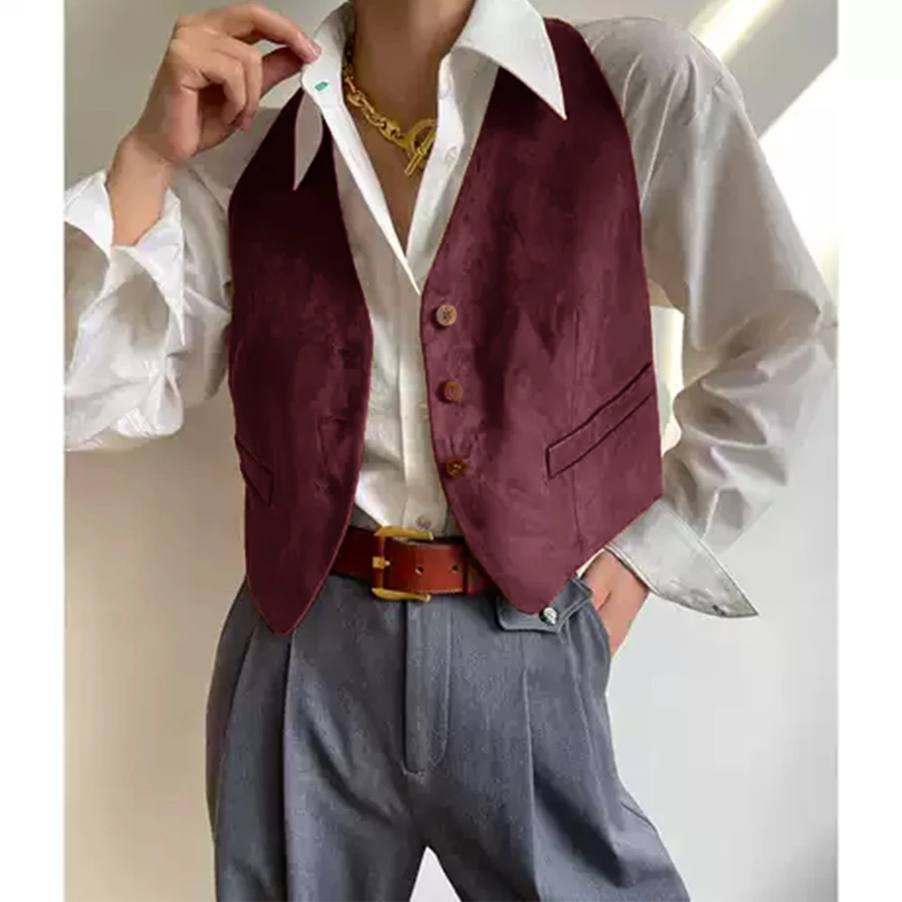 Suede Clothes for Lady Casual Sleeveless Vests for Women Jackets Single Breasted Waistcoat Suit Female Vintage Boho Clothing