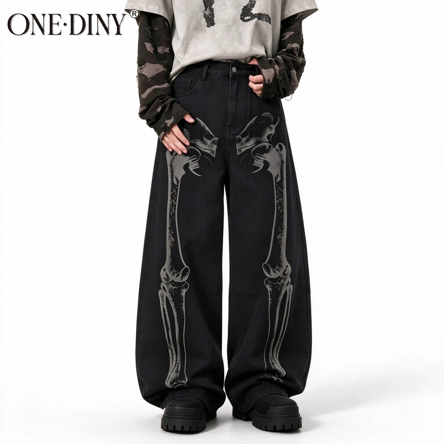 ONE·DINY Men's Retro Black Skeleton Print Baggy Jeans Wide Leg Denim Pants Gothic Punk Y2K Streetwear Casual Daily Trousers