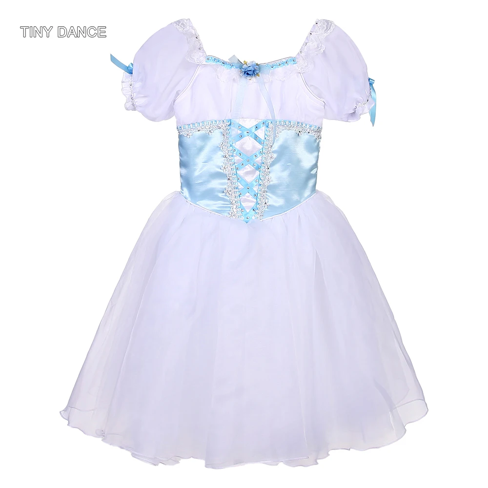 Puff Sleeves Professional Ballet Tutu for Girls and Women Sky Blue Bodice with White Chiffon Skirts Ballerina Dancing Dress