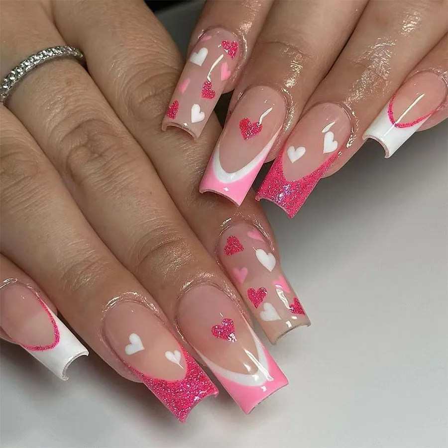 24 Stück Flash Diamond Falsche Nägel Rosa Zebramuster Französischer Stil Press On Nails Sternkette Dekor Y2k Valentinstag Fake Nail – Detail 9