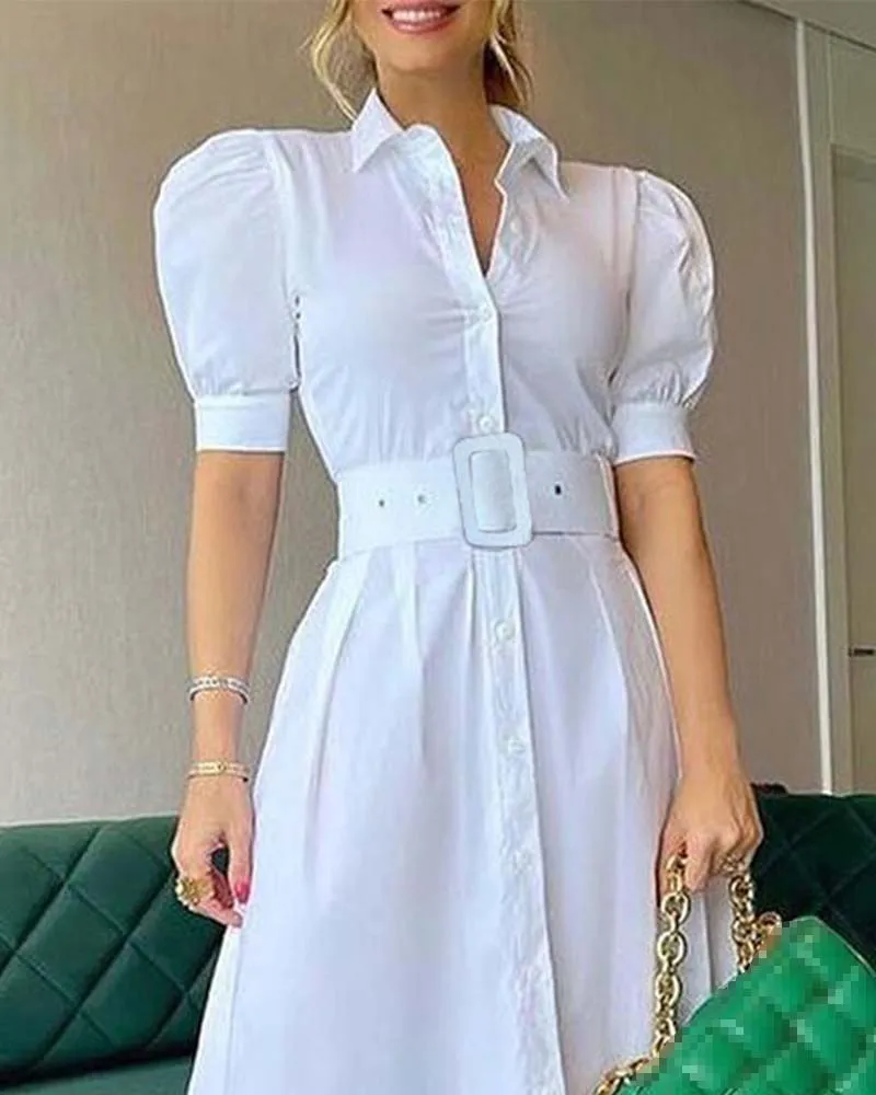 Party Belt Dresses For Women 2025 Spring Summer Fashion Elegant Stripe Print Short Sleeve Long Dress Lady High Waist Shirt Dress