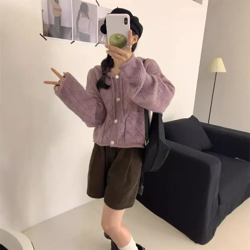 Cardigan da donna con cappuccio lavorato a maglia vestibilità ampia Ins delicato ed elegante stile coreano scava fuori tutto-fiammifero Harajuku autunno capispalla alla moda accogliente